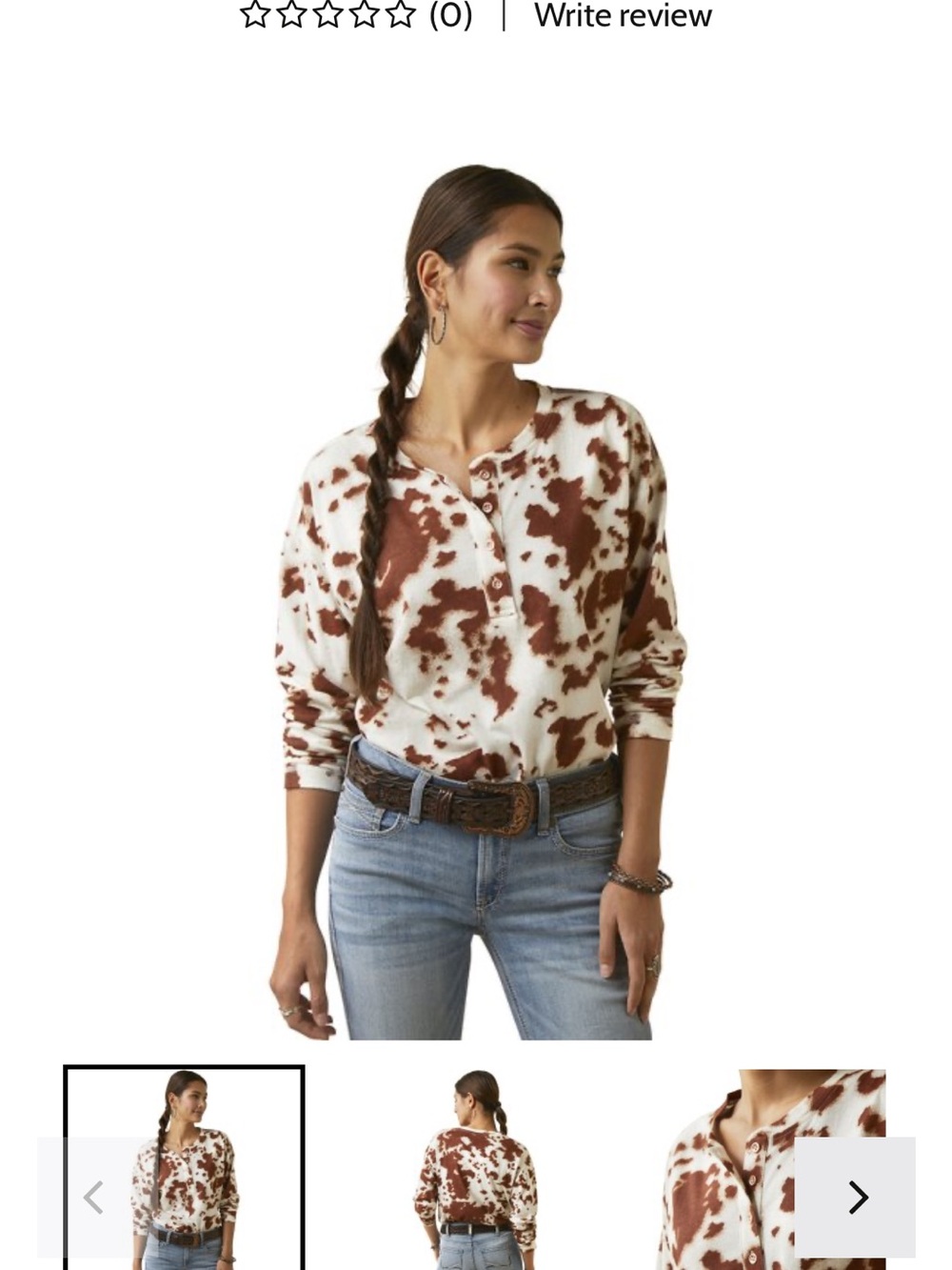 Ariat White and Brown Cowprint Button-Down Relaxed Fit Henley Top